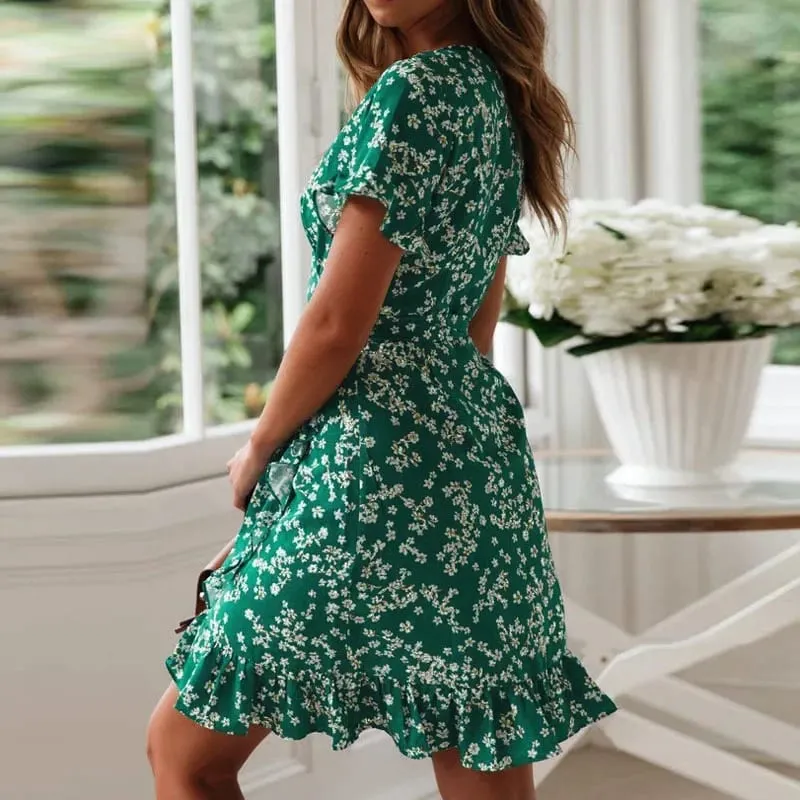 Customizable Women Dresses Summer Sexy V Neck Floral Print Boho Beach Dress Ruffle Short Sleeve A Line Mini Dress — image 3