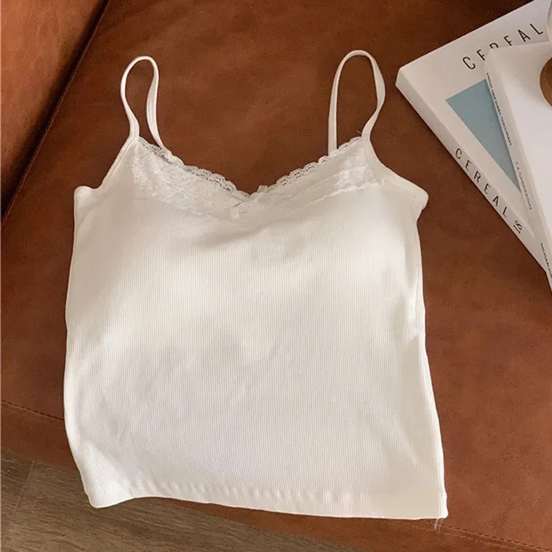 Rompi Wanita Musim Panas Atasan Ramping Seksi Bahu Terbuka Renda Tanpa Lengan dengan Bantalan Dada Tank Top Modis Kamisol Empuk Wanita Y2K — image 11