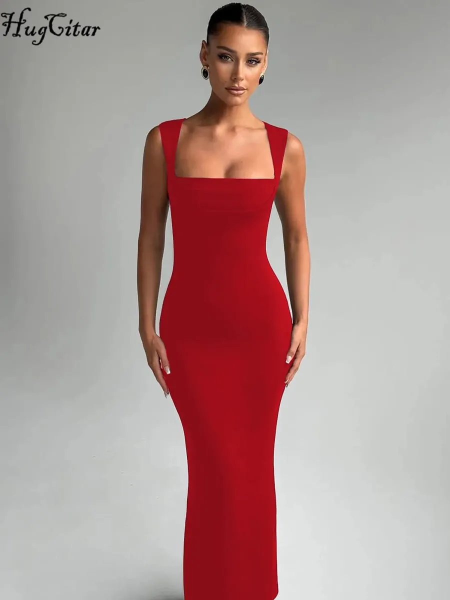 Hugcitar Women Elegant Solid Square Collar Straps Sexy Bodycon Maxi Prom Dress Summer Women Y2K Clothes Evening Party Birthday