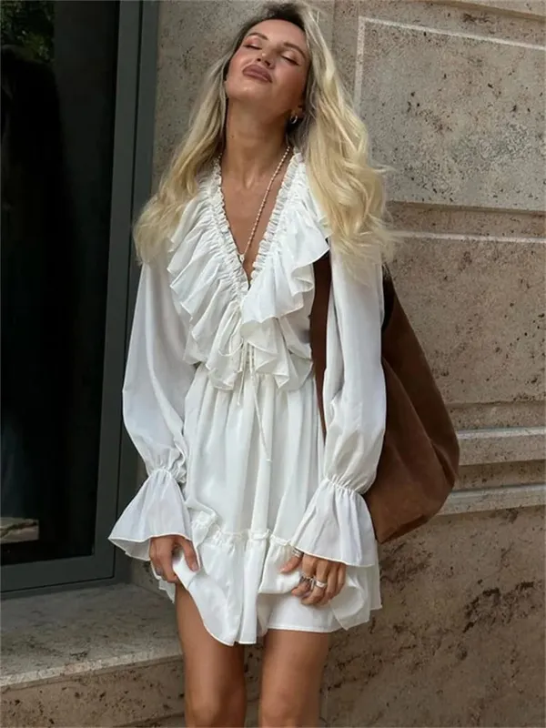 Tossy Ruffled V-Neck White Mini Dress Female Patchwork Long Sleeve Elegant Bandage Fashion Dress High Waist Lace-Up Women Dress — image 10