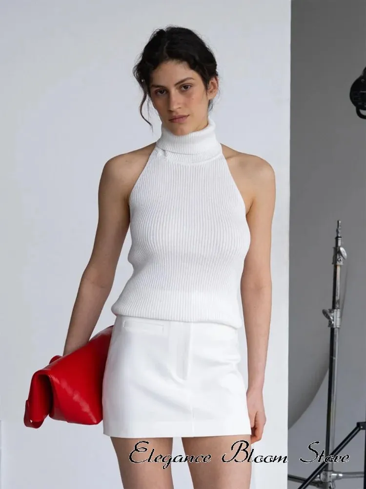 Solid Color Knit Sleeveless Tank Top Women High Neck Backless Slightly Fitted Cropped Vest Minimal Daily Fashion Casual Outfit — image 3