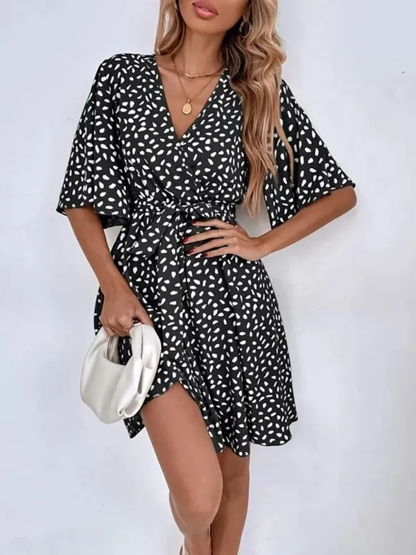 Casual Dot Print Mini Dress with Belt Elegant Chic Half Sleeve V Neck A Line Sundress Vintage Harajuku Short Dress Beach Party — image 9