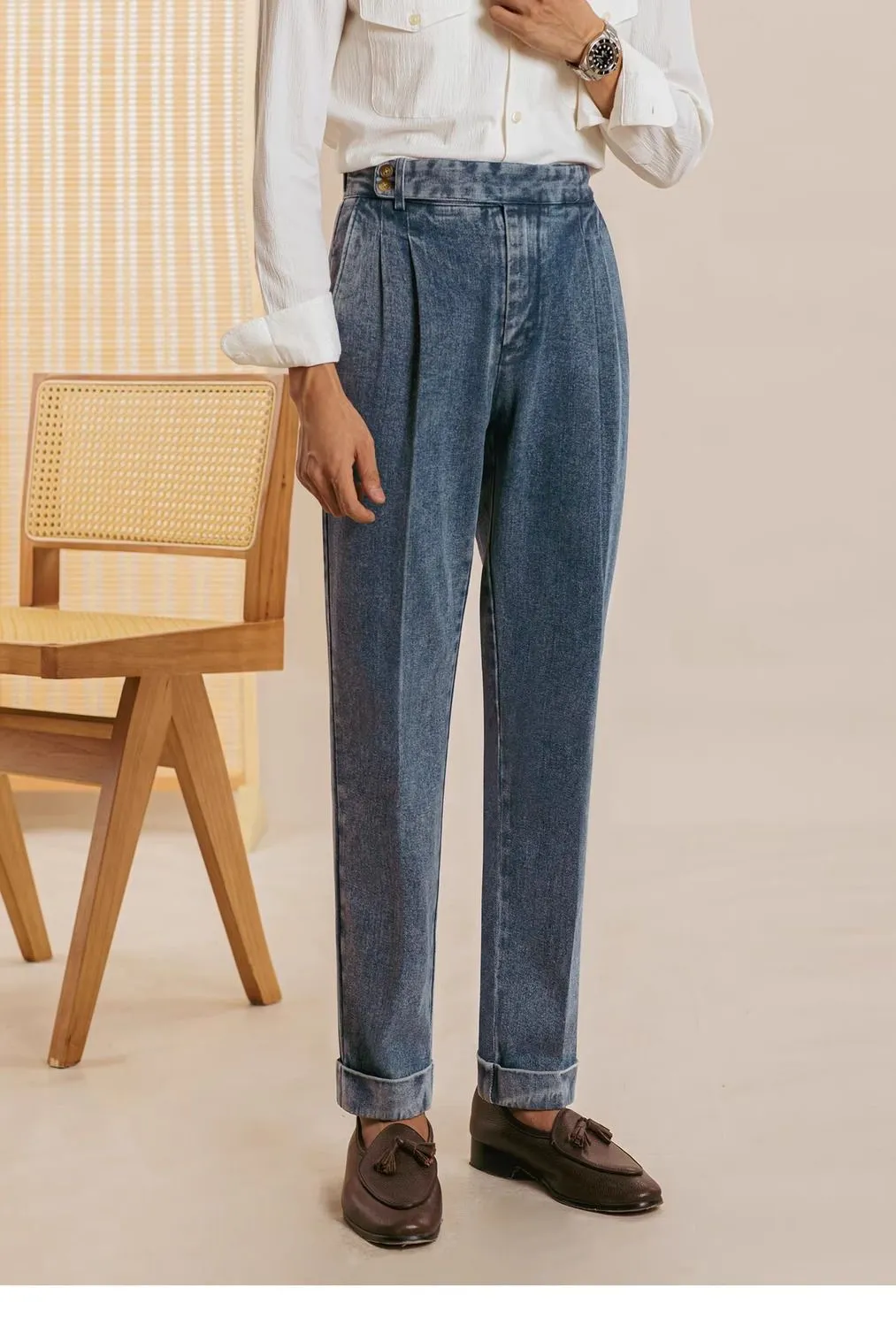 Double Pleat Jeans Men Naples Pants Wash Cotton Loose Straight Trousers Spring Autumn Fashion England High Waisted Denim Pant — image 4