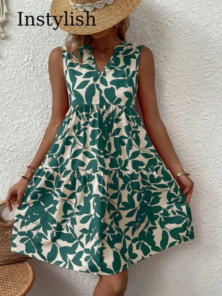 Damen Boho-Druck-Minikleid, Sommer, elegant, ärmellos, V-Ausschnitt, Rüschen, A-Linie, Tank-Kleid, lässig, locker, übergroß, Strand, Party, Sommerkleid — image 2