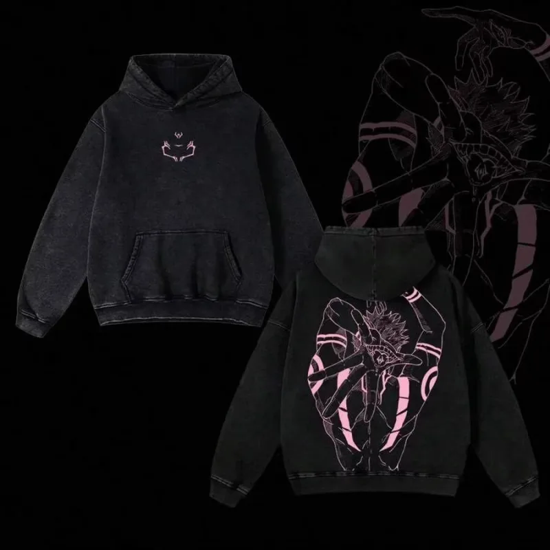 Japanese Anime Jujutsu Kaisen Print Hooded Pullover Men Hip Hop Sweatshirt Vintage Hoodie Harajuku Cotton Sweatshirts