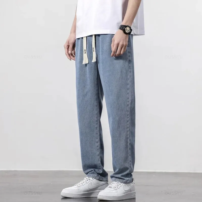 High Quality Fully Elastic Waist Men's Jeans Cotton Soft Drawstring Straight Pants Korea Casual Trousers Male Plus Size S-5XL — image 10