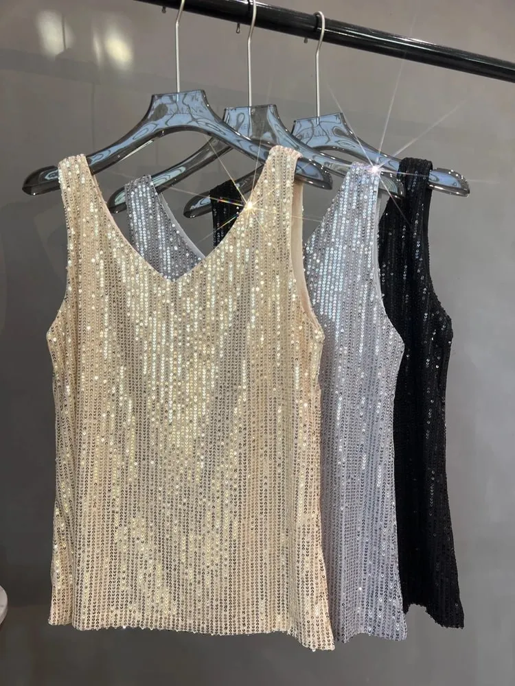 2024 New European and American Sequined V-neck Vest Worn Inside A Suit Bottoming Shirt and Worn Outside A Sparkling Top — image 3