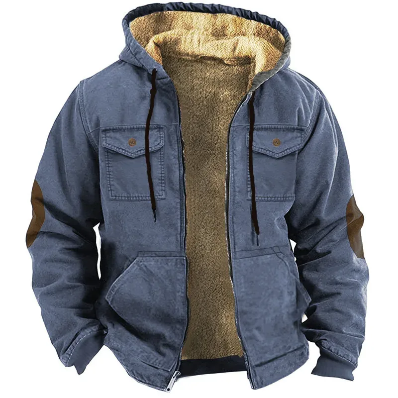 Men's Winter Fleece Hoodies Solid Patchwork Fashion Hooded Windbreaker Jacket Male Loose Work Wear Clothes Sweatshirt Outwear — image 9