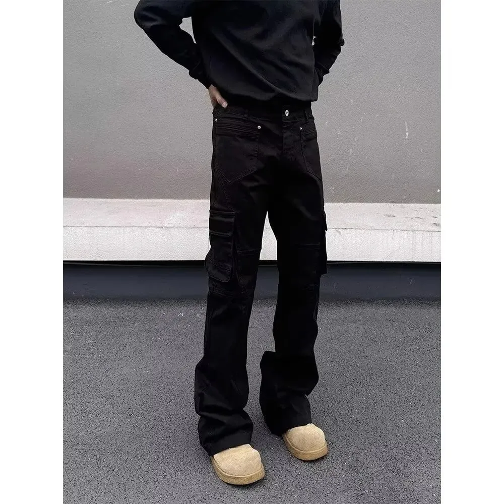 American style Vibe retro heavy industry multi pocket splicing workwear jeans men's straight tube micro flared slim fit long pan — image 2