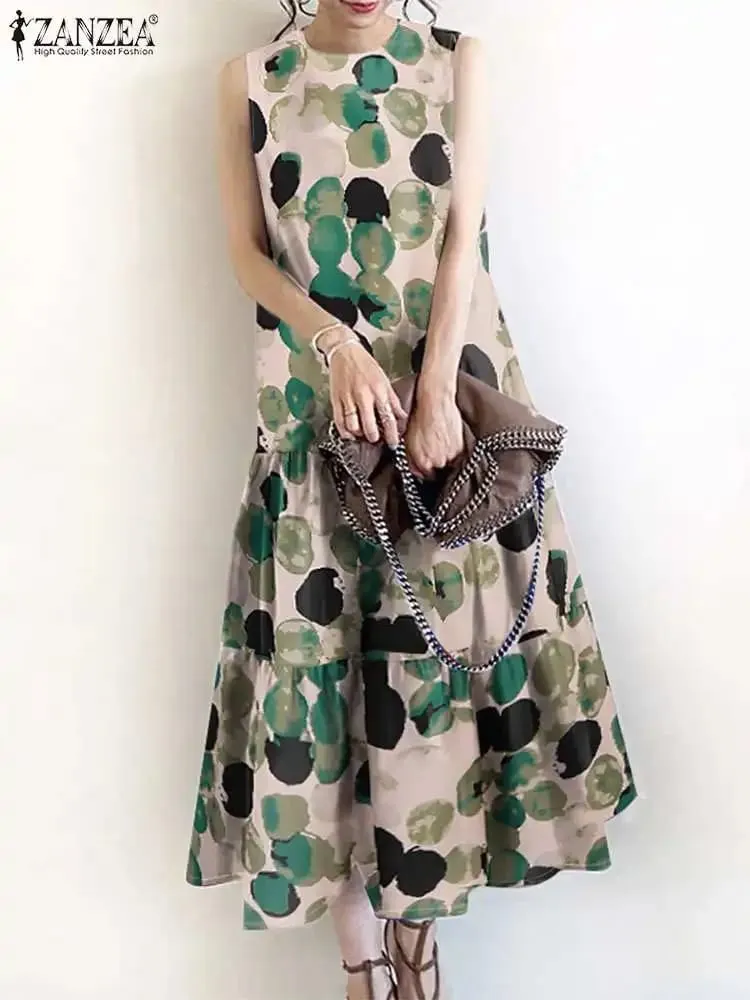 2024 ZANZEA Bohemian Sleeveless Summer Dresses Women Floral Printed Sundress Fashion Casual Ruffles Hem Long Vestido Robe Femme — image 3