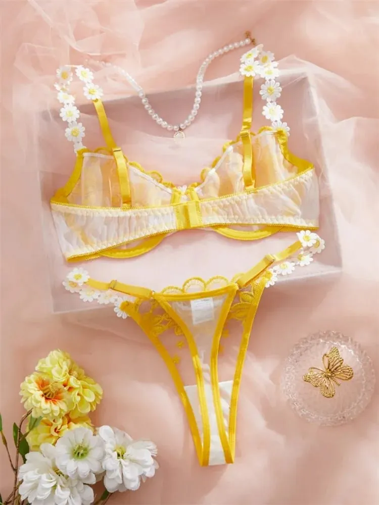 Vílí sexy sada spodního prádla Sladké krajkové spodní prádlo Luxusní intimní erotické prádlo Krásné květinové vyšívané sady podprsenky a kalhotek — image 3