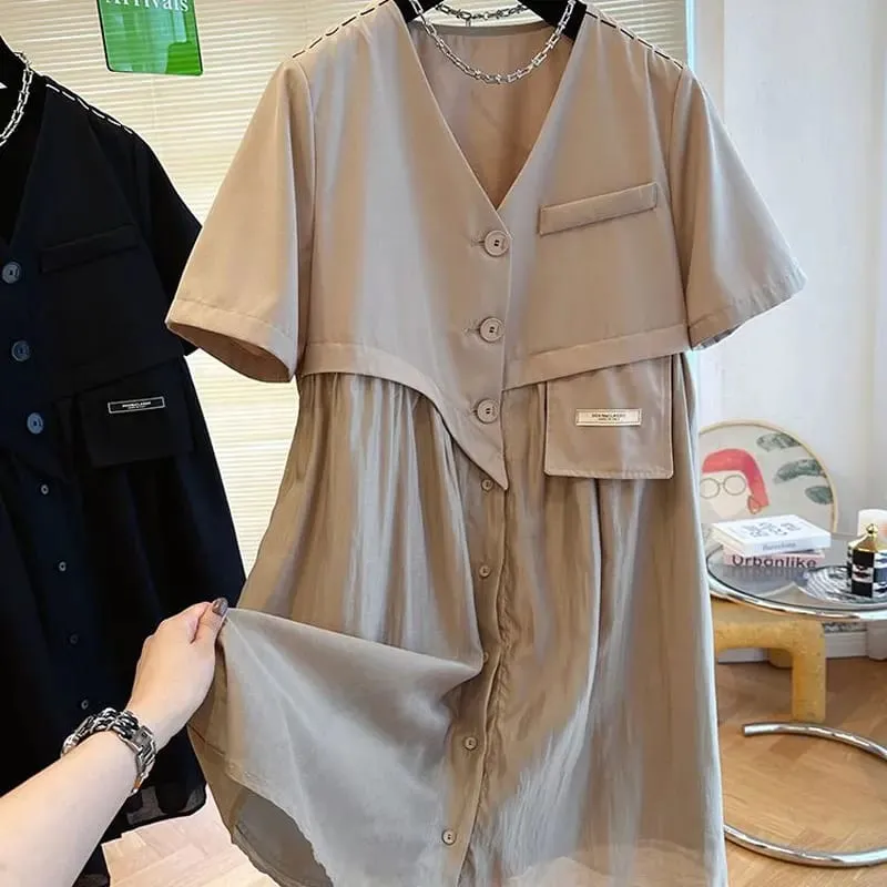 Stylish Asymmetrical Patchwork Midi Dress Women's Clothing Fake Two Pieces Loose Summer V-Neck Button Basic Solid Color Dresses — image 1