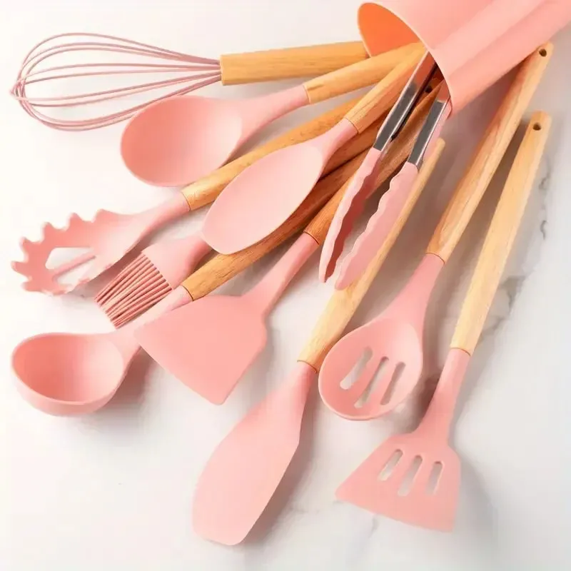 12pcs Set of Multi-color Silicone Wooden Handle Kitchenware Set Non Stick Pot Spatula and Spoon Cooking Utensils Heat-resistant — image 12