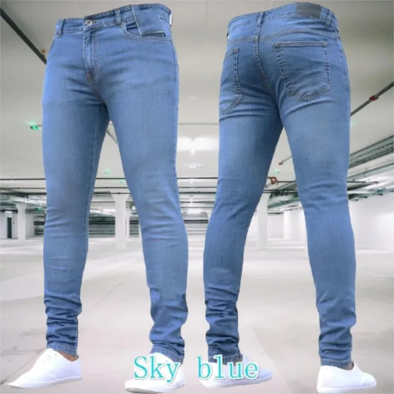Men's Jeans Stretch Slim Fit Trousers Streetwear Colthing Classical Casual Pants Skinny Zipper Denim Designer Clothes Black Blue — image 3