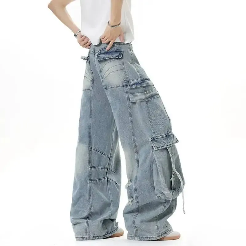 American Style Men's Jeans Solid Color Multi Pockets Casual Worn-out Trousers Deconstruction Wide Leg Denim Pants 9W4066 — image 7