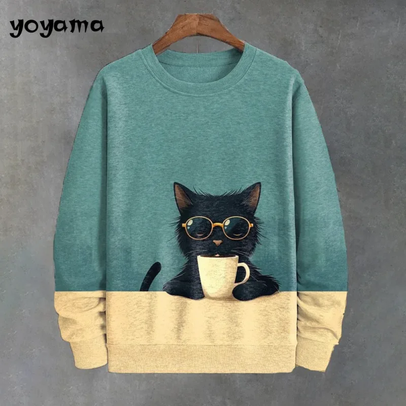 Cat Print Long Sleeve Hoodie for Men Oversized Hoodies Pullover Autumn Men Round Neck Sweatshirt Fashion Unisex Clothing Tops — image 7