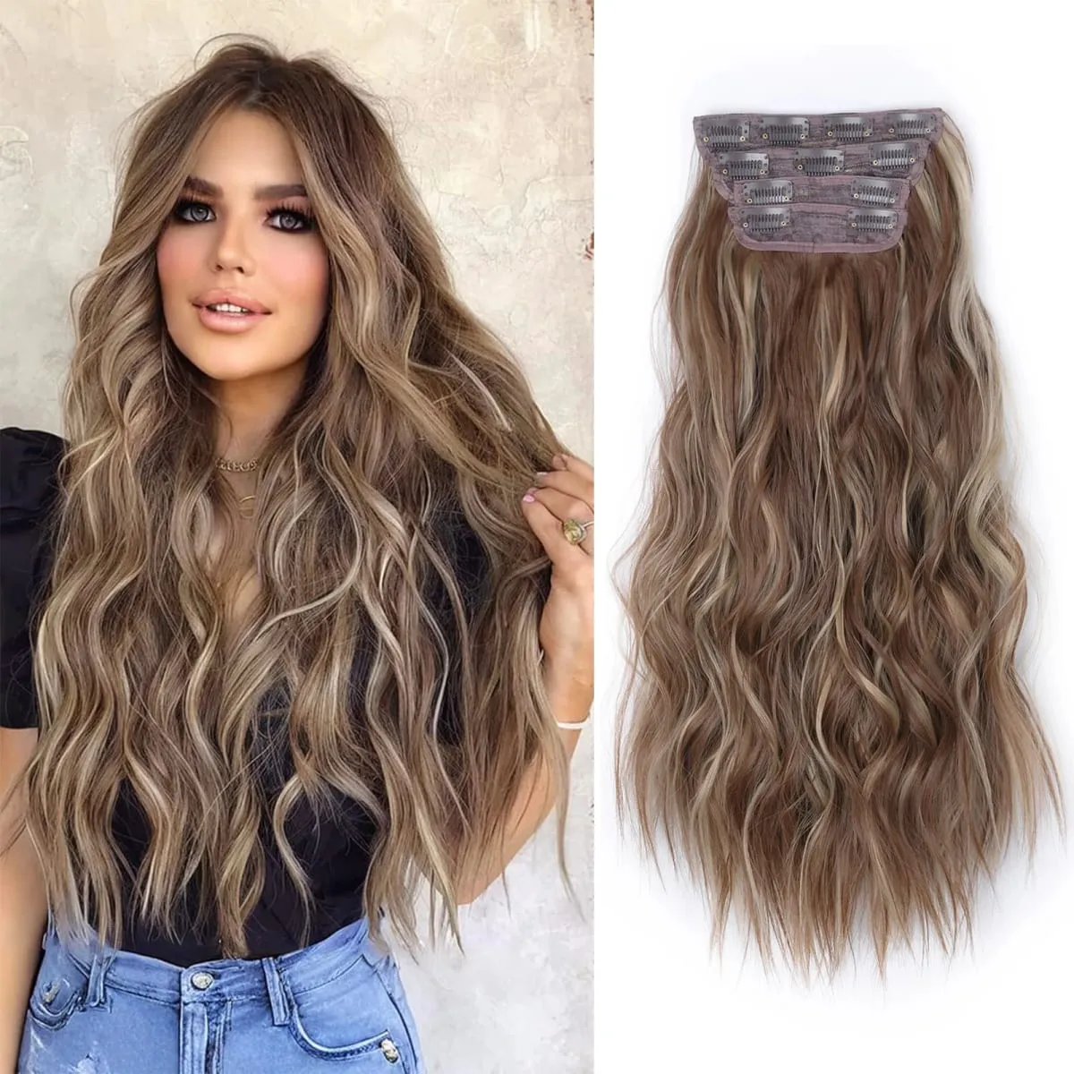linwan Clip In Hair Extensions 4 PCS Full Head 20 Inch Long Curly Wavy Synthetic Hair Pieces Natural Wavy For Women Girls Hair — image 10
