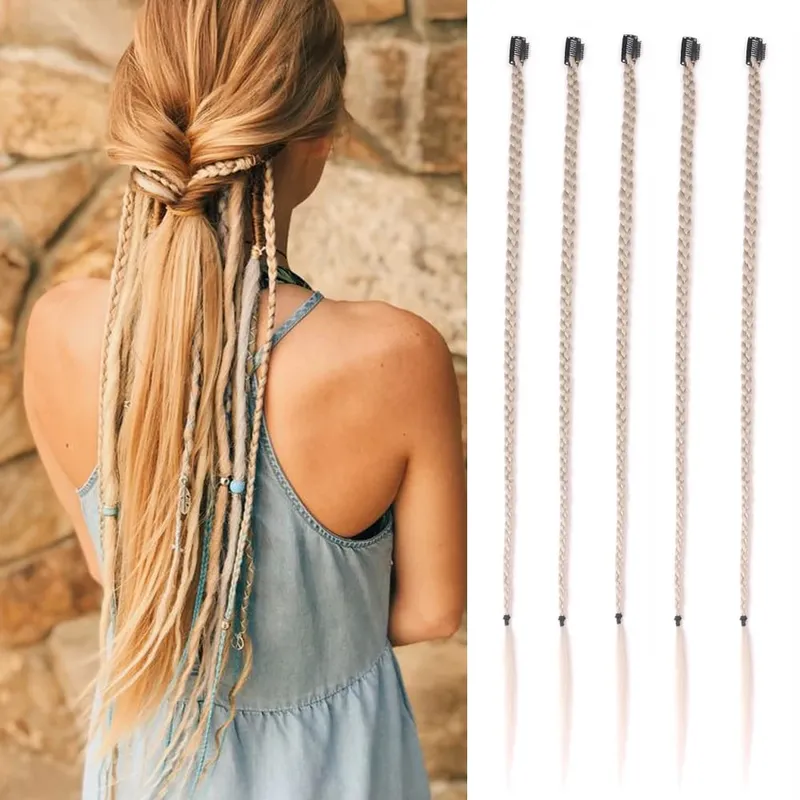 Synthetic 5 Pcs/Lot Clip-in Extensions For Women Ponytail Rainbow Braid Hair Extension 22 Inch Ombre Hairpiece Pink Black Green
