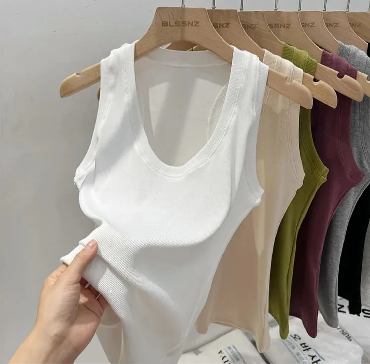 2026 Summer Basic Elastic Tank Top Women Solid Low Round Neck Ribbed Camisole Korean Style Versatile Slim Tanks & Camis — image 7
