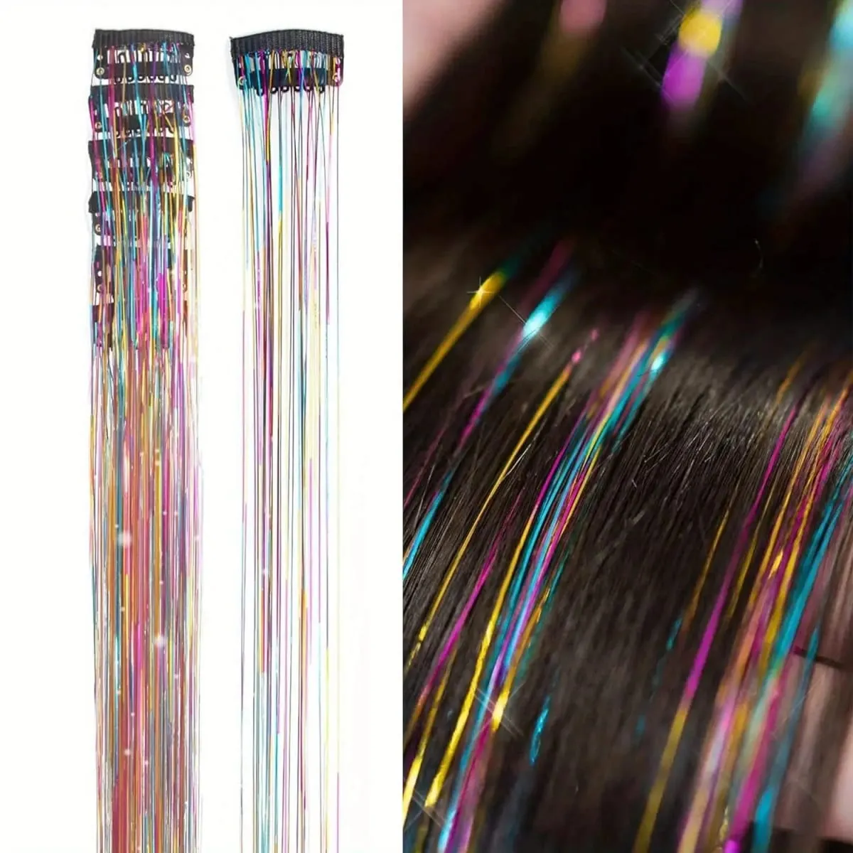 Color bright silk clip seamless hair extensions glitter gold silk dazzling laser wire color strips synthetic wigs — image 8