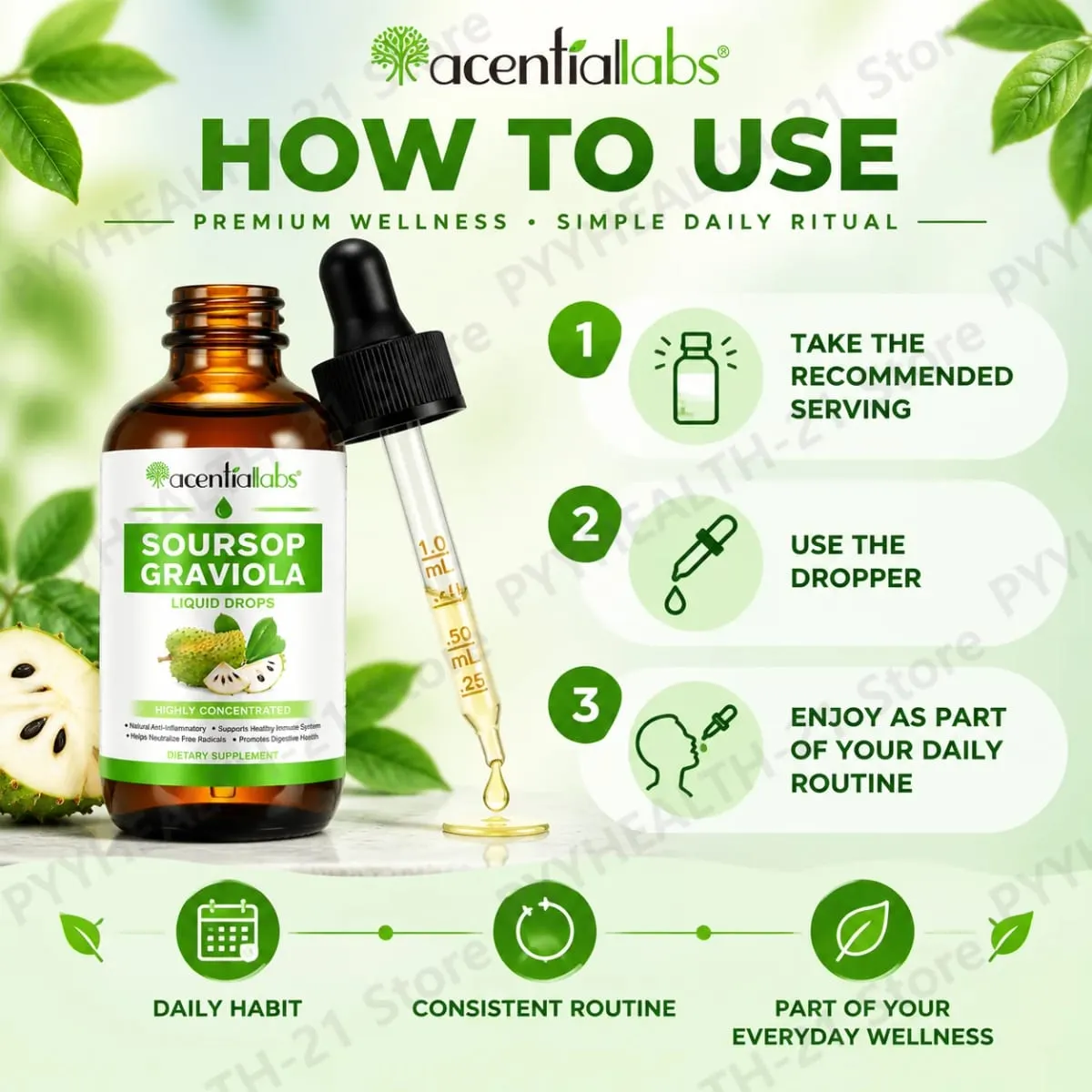 AcentiLabs Soursop Graviola Liquid Drops Vitamin C unterstützt die Verdauungsgesundheit, das Immunsystem und die Abwehr freier Radikale, 60 ml für Erwachsene — image 6