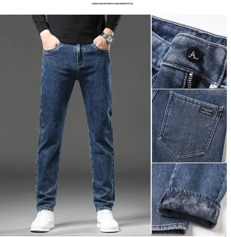 Winter Fleece Thick Warm Jeans Men's Slim Straight Elastic Denim Pants Casual Male Clothing Fashion Plush Trousers — image 7