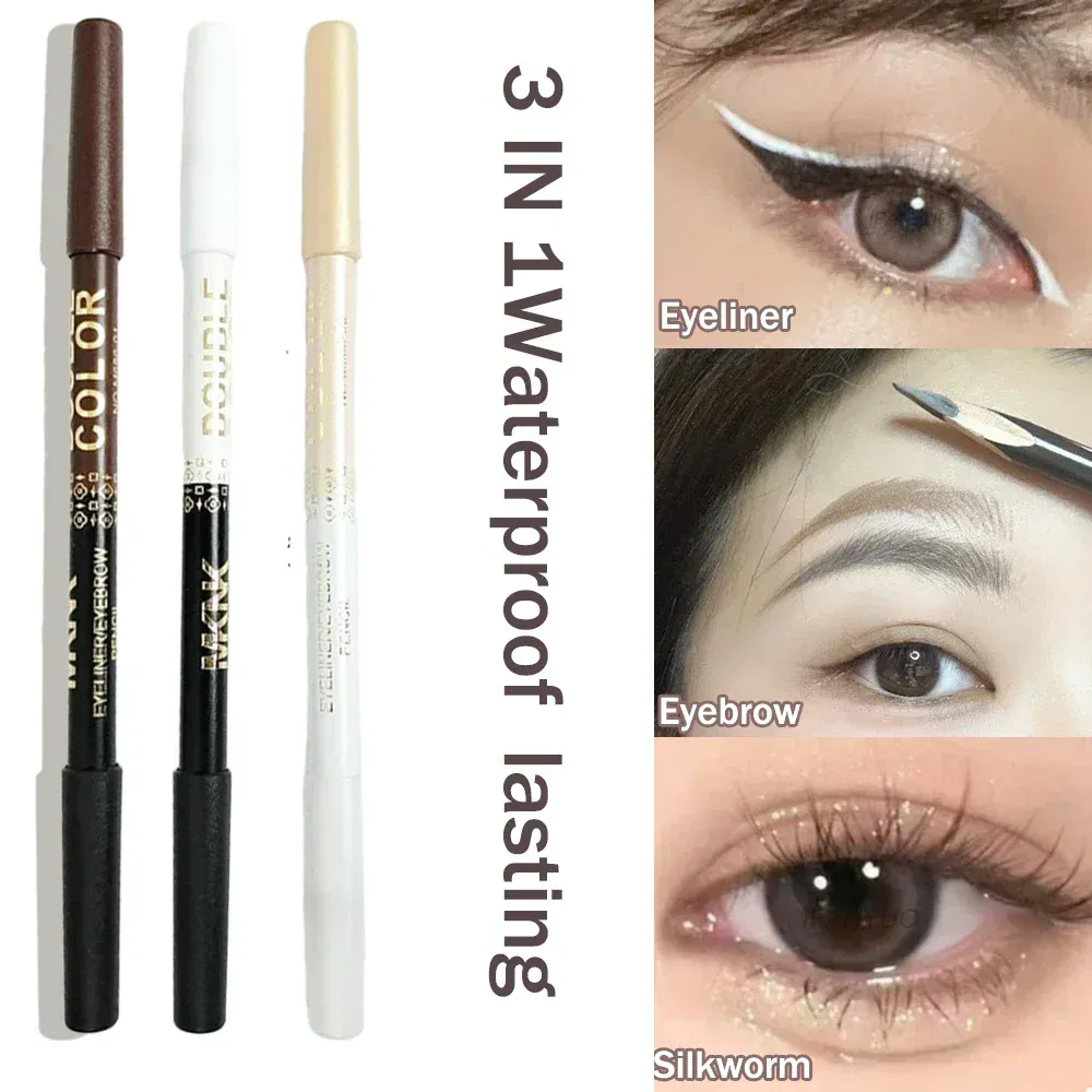 Mulitfuntional Two-Tone Black White Wood Eyeliner Pencil Pearl Highlighter Makeup Pen Brown Eyebrow Draw Lower Eyelash Cosmetics
