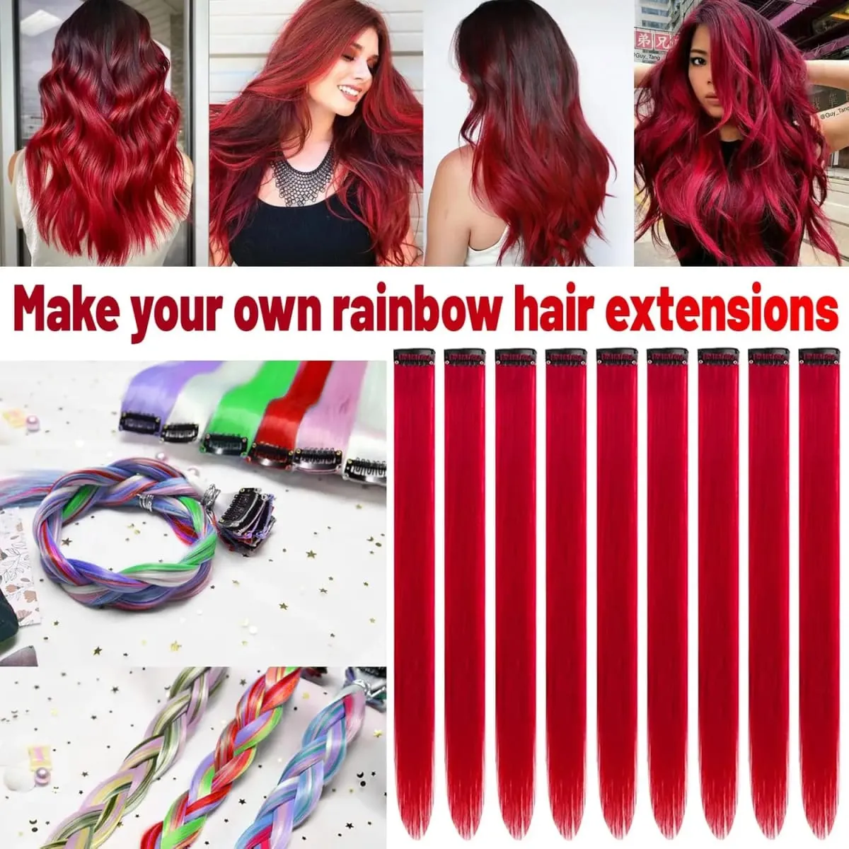 Synthetic 10 PC Hair Extensions Red and Blue Clip in SOlldag Colored Party Highlights Straight Hairpiece for Kids Girls Women — image 5