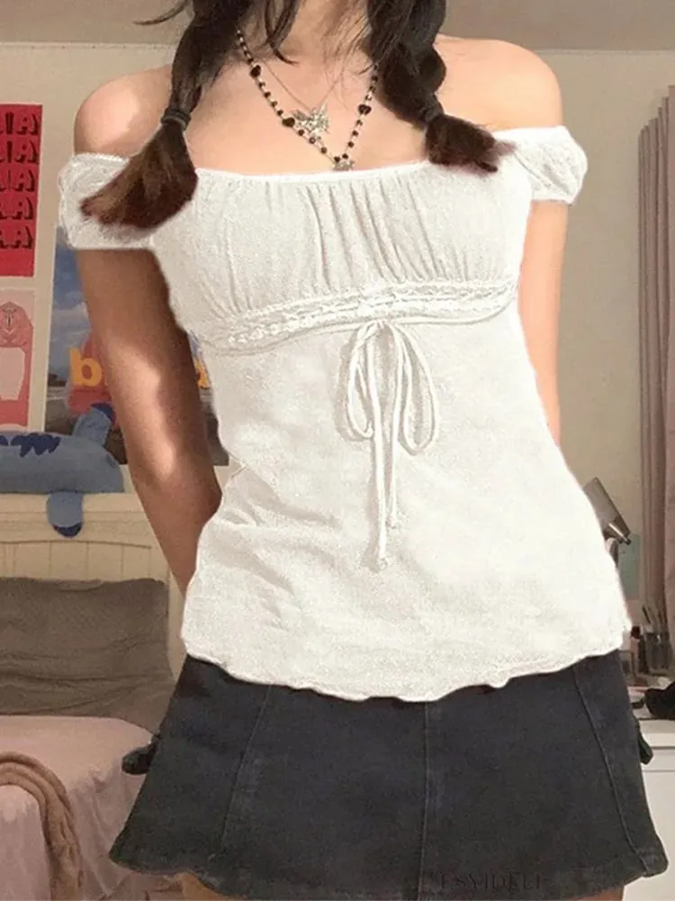 2000s Aesthetic Sweet Lace Tops Women Off Shoulder Drawstring T-shirt Korean Fashion Female Tee Fairy Grunge Streetwear — image 5