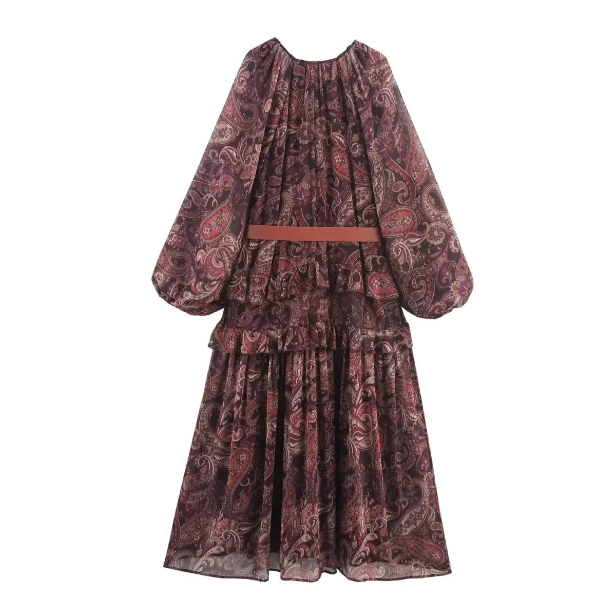 Faionable Spring New Women's V-ne Printed Dr with Belt High Waist Pleated Casual Sle Long Sve Zipper Closure Dr — image 5