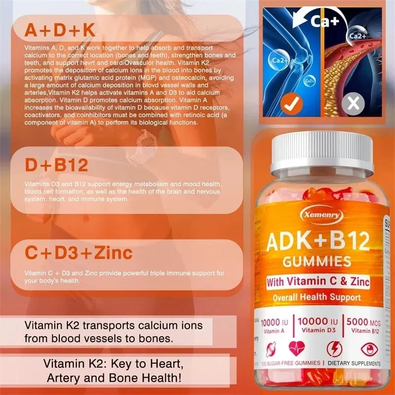 Vitamin D3 K2 + Vitamin B12 Gummies - Strengthen Bones Promote Brain and Cardiovascular Health Relieve Joint Pain