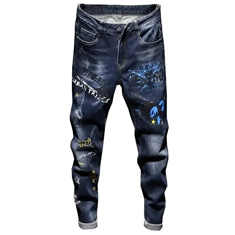 Spring and Autumn Fashion Trend Printed Straight-Leg Stretch Denim Jeans For Men Comfortable Casual Sports High-Quality Jeans — image 6
