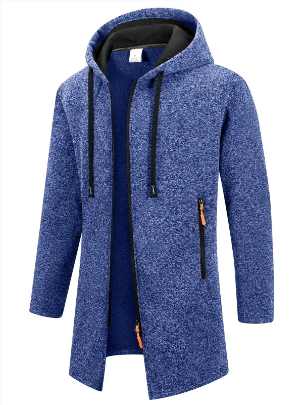 2Pcs Set Men Mid-Length Full Zip Hooded Jacket Fleece Lined Warm Coat with Drawstring Hood & Zipper Pockets Casual Outerwear for Fall Winter Daily Wear