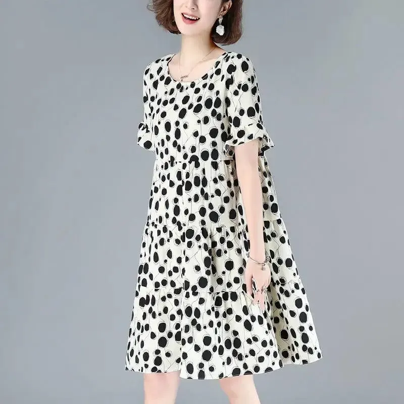 Female Clothing Casual Dot Printed A-Line Dresses Summer Butterfly Sleeve Korean Round Neck All-match Loose Spliced Midi Dress — image 2
