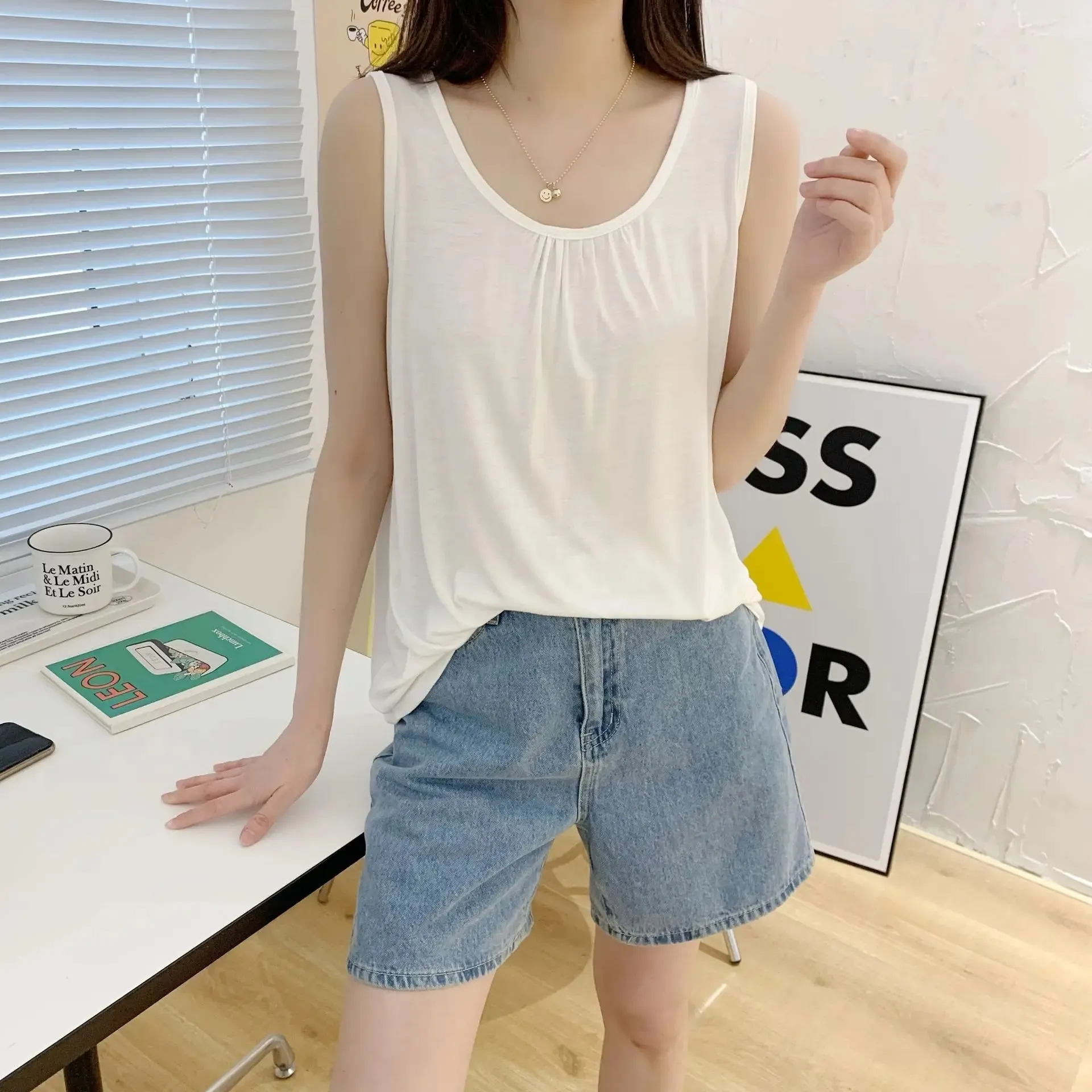 Summer Tank Tops Plus size O-neck Modal Pleated Camis wear inside Tee Tops sleeveless Casual Loose Top All match