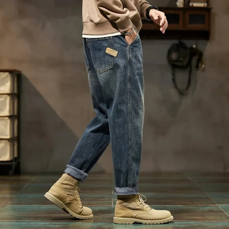 2026 Cargo Jeans Men Harem Pants Loose Baggy Pants Blue Patched Fashion Designer Pockets Trousers Oversized Tapered Streetwear
