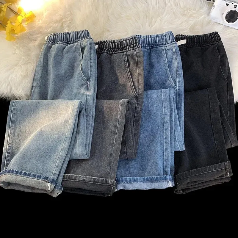 Casual Jeans Men's Baggy Straight Elastic Waist Drawstring Korea Fashion Male Vintage Denim Trousers Streetwear 3XL — image 4