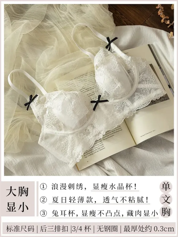 French Lace Lingerie Set Women Wirefree Minimizer Support Summer Ultra Thin Bra Large Chest Petite Look Bunny Ears — image 8