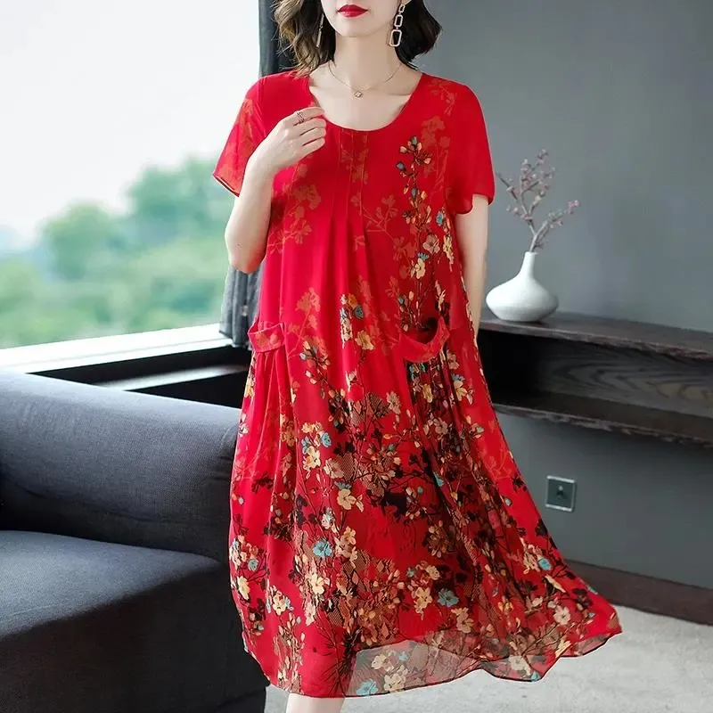 Mother Clothes Summer Chiffon Dresses O-Neck Mid-Long Printed A-line Dress Large Size Short Sleeve Middle-aged Women's Vestidos — image 1