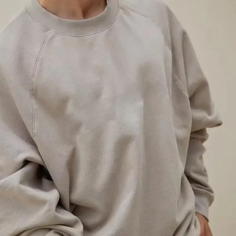 600g Men's 100% Cotton Oversized Sweatshirt for Winter Solid Beige Batwing Sleeve Heavyweight Fleece Crew Neck Thermal Hoodies