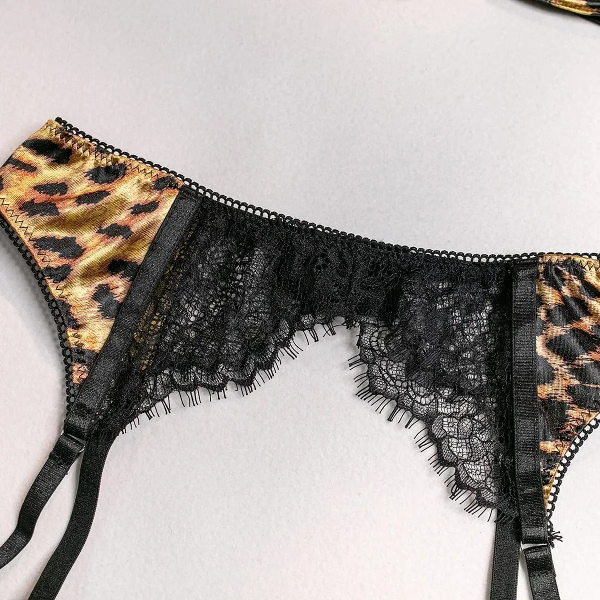 Sexy Wild Leopard Printed Lace Patchwork Lingerie Set Women Comfortable Three Piece Bra and Panty Set Female Exotic Apparel Suit — image 5