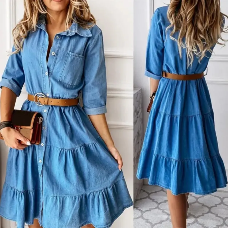 Denim Dress Three Quarter Sleeve with Belt Turn-down Collar Spring Autumn Buttons Ruffle Jeans Dresses for Women 2025 — image 2