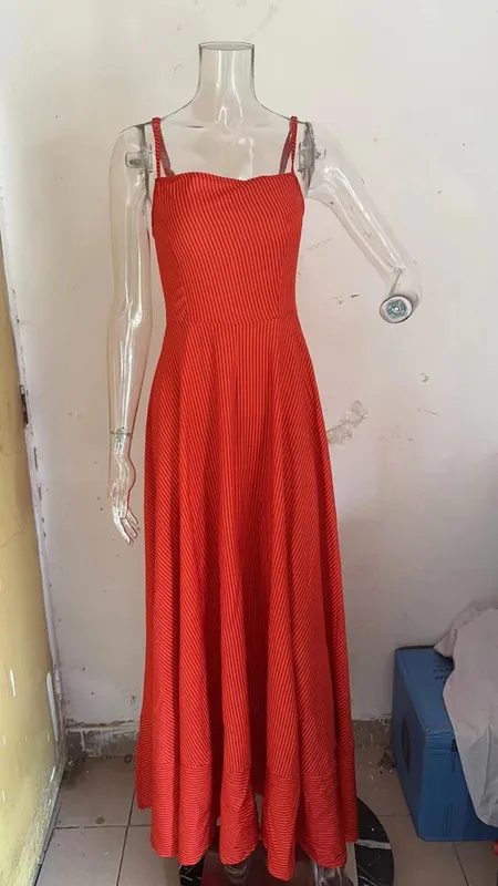 Women Dresses Camisole Dress Striped Basics Printing Boho Vestidos Loose Fit Summer 2024 Folds Pleated Spliced Ankle Length — image 7