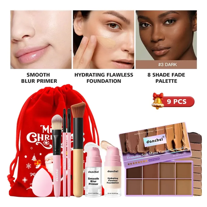 9Pcs Blur Primer Hydrating Foundation 8‑Color Cream Concealer Palette Woman Makeup Brushes Long Lasting Bleadable Christmas Gift — image 2