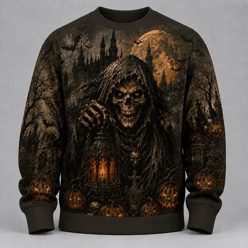 Fleece Sweatshirts Halloween Men's Skulls Sweatshirt Punk Party Gothic Crew Neck Vacation Blue Dark orange Brown Green — image 17