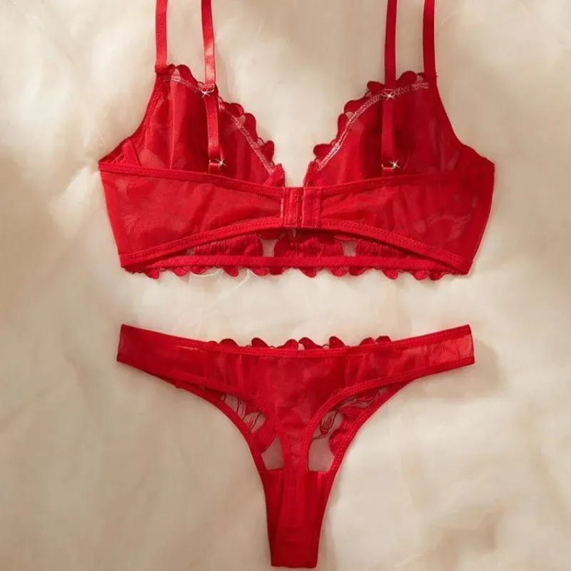 Feminino vermelho floral renda lingerie conjunto puro underwire copo fino sutiã combinando tanga calcinha sexy oco íntimos — image 3