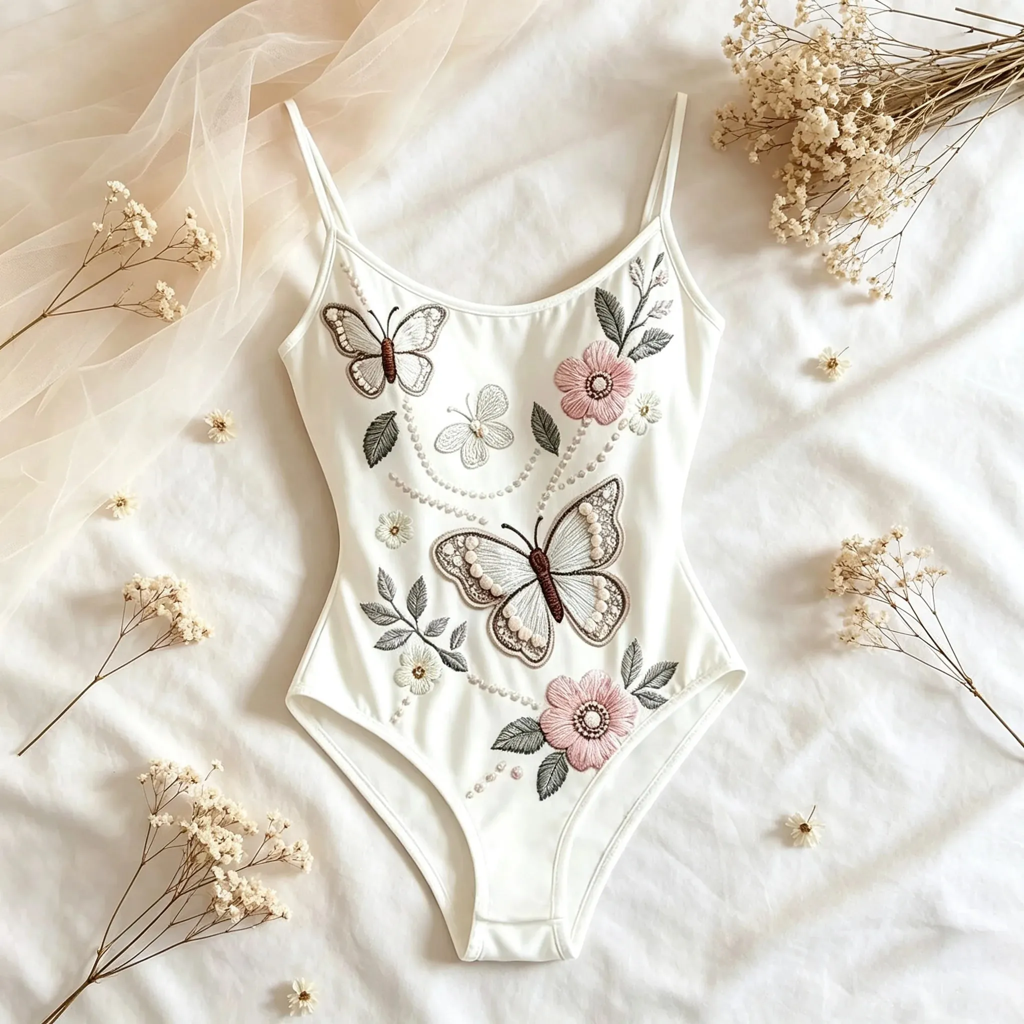 Elegant Butterfly Floral Embroidery Bodysuit Women Spaghetti Strap Slim High‑Cut One‑Piece Bodycon Jumpsuit — image 2