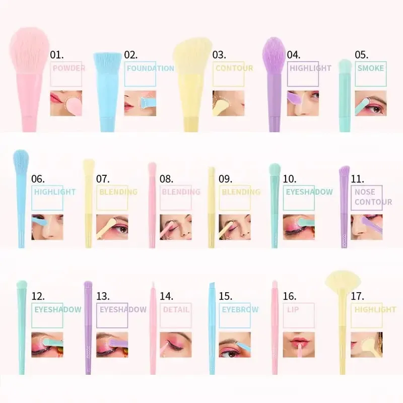 17 Color Multi-Color Makeup Brushes Macaron Color Brushes Eyeshadow Foundation Makeup Brush Set Colorful Makeup Tools Full Set