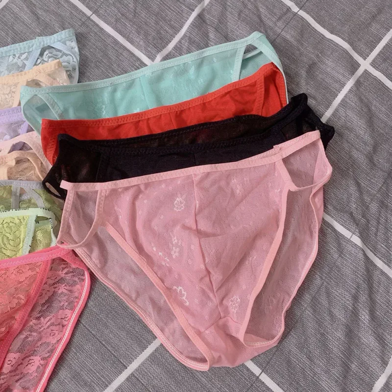 Random 1pc Men Briefs Bottoms Low Waist Transparent Lace Floral Lingerie Breathable Soft Summer Panties Underwear
