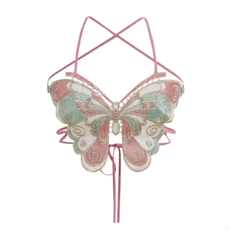 Y1AC Women Strappy Backless Beach Crop Top Butterfly Embroidery Halterneck Camisole — image 10